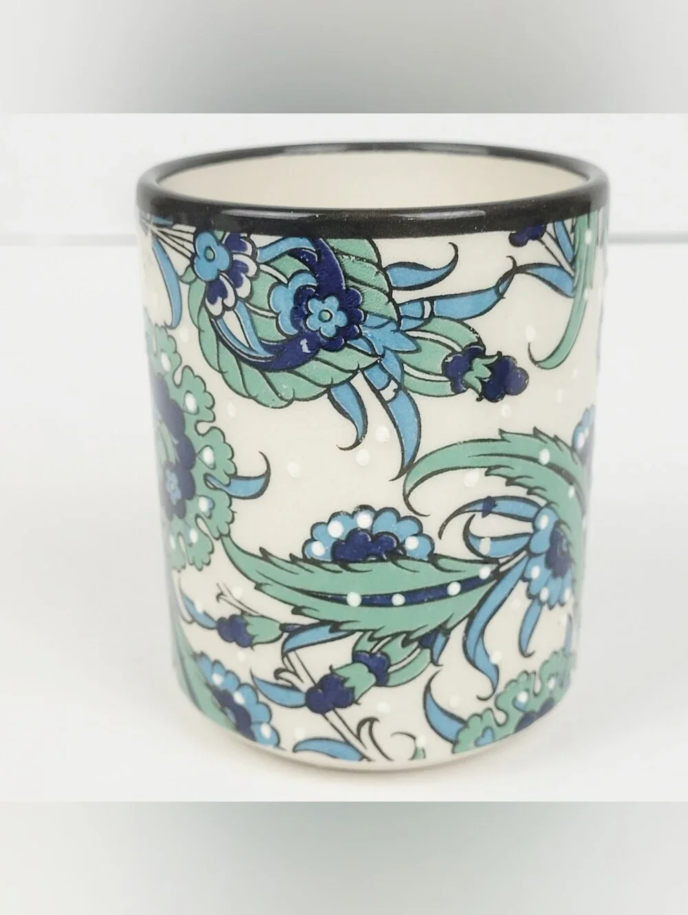 Nakkas Ceramic Hand Painted Mug~Iznik Style Turkey~Blue Green Floral~Set of 2